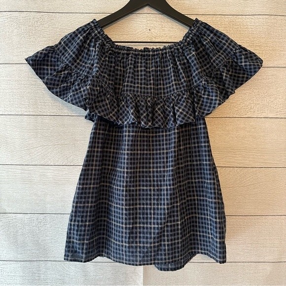 HACHE Ruffle Off The Shoulder Plaid Cotton Blouse Top Blue Small / IT40 - Picture 7 of 7